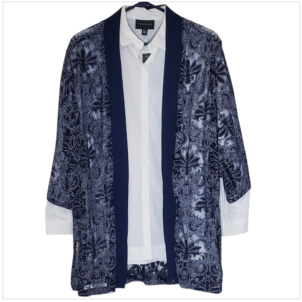 NY COLLECTION Paisley Blue and White Kimono Cardigan NWT